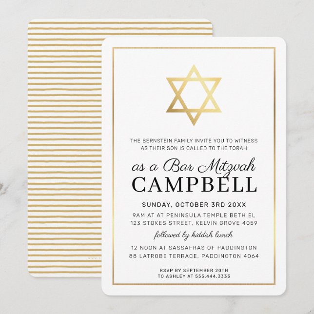 BAR MITZVAH gold star tradtional modern black Invitation (Front/Back)