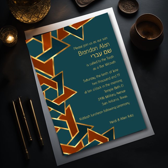 Bar Mitzvah Gold Teal Blue Rust Star of David Invitation (Creator Uploaded)