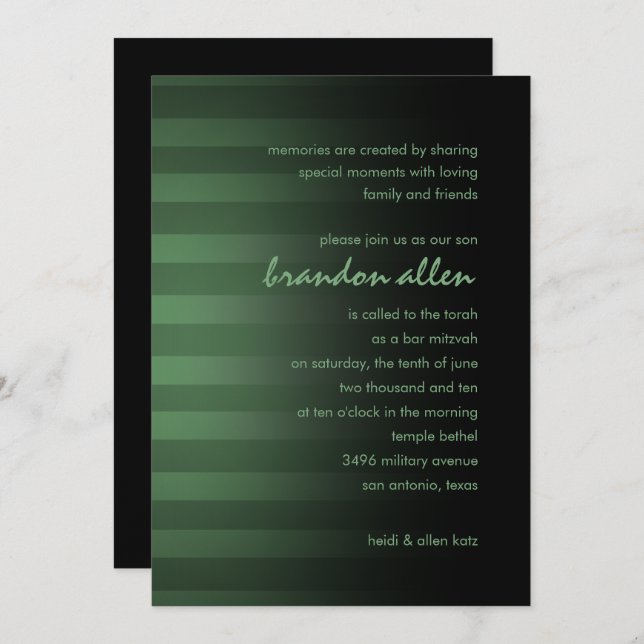 Bar Mitzvah Green and Black Horizontal Stripes Invitation (Front/Back)