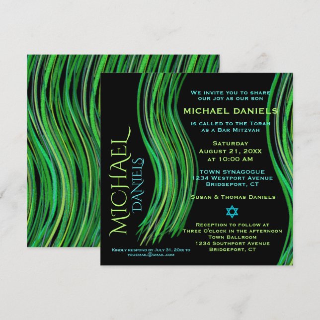Bar Mitzvah Green and Black Prayer Shawl Invitation (Front/Back)
