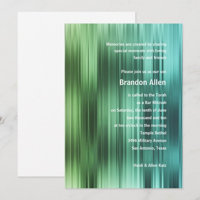Bar Mitzvah Green Blue Stripes Invitation (Front/Back)
