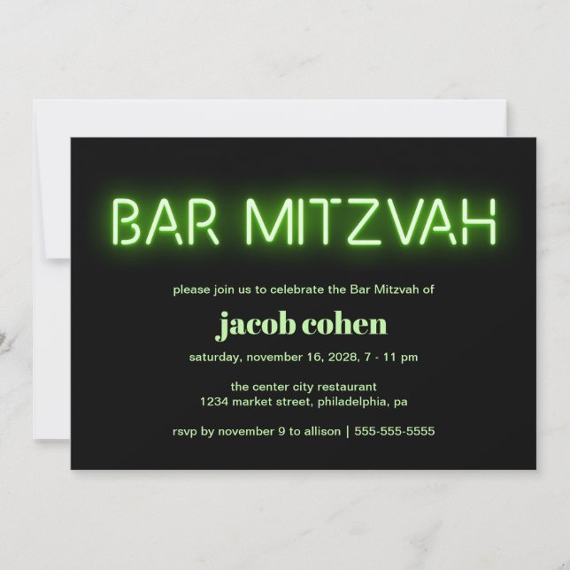 Bar Mitzvah Green Neon Lights Invitation (Front)