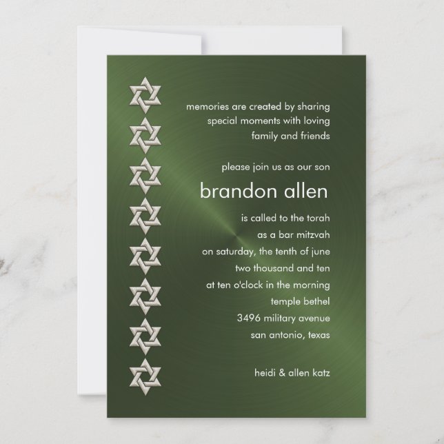 Bar Mitzvah Green Sheen Silver Stars of David Invitation (Front)