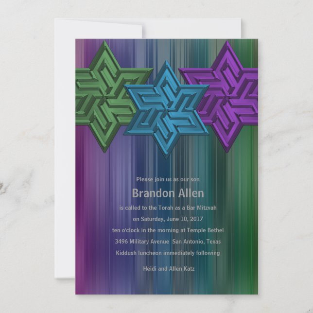 Bar Mitzvah Green Teal and Purple Star of David Invitation (Front)