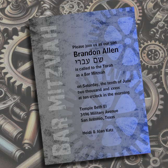 Bar Mitzvah Industrial Grunge Blue Invitation (Creator Uploaded)