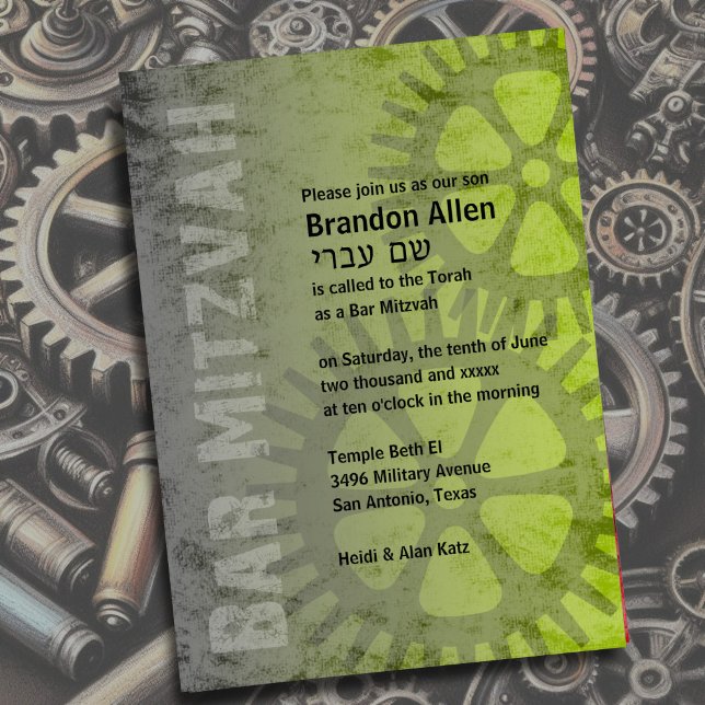 Bar Mitzvah Industrial Grunge Green Invitation (Creator Uploaded)