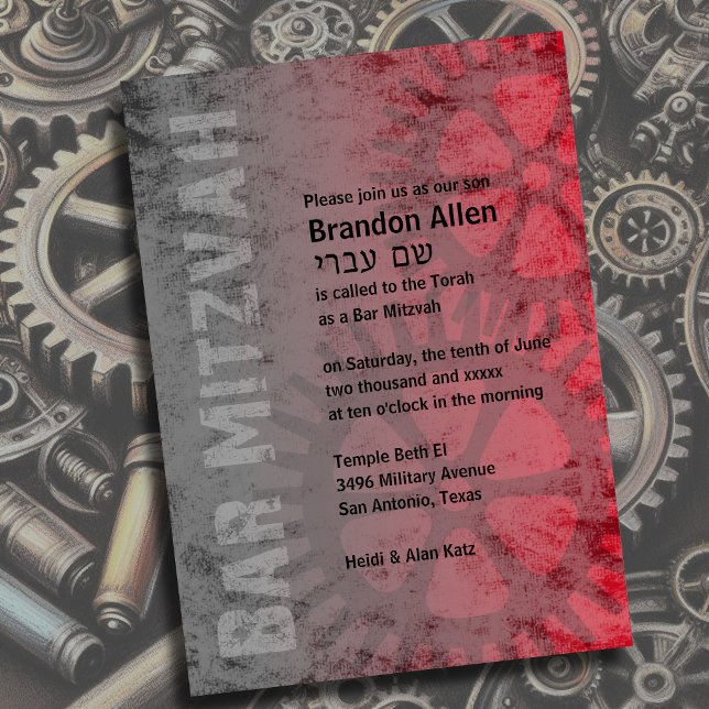 Bar Mitzvah Industrial Grunge Red Invitation (Creator Uploaded)