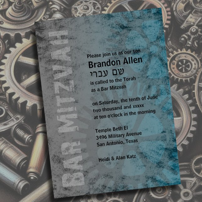 Bar Mitzvah Industrial Grunge Teal Invitation (Creator Uploaded)