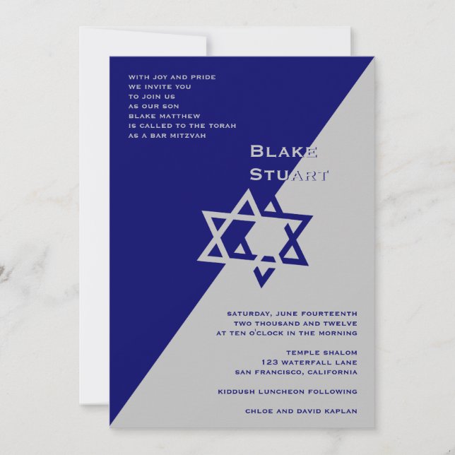 Bar Mitzvah Invitation Blake Blue Silver (Front)