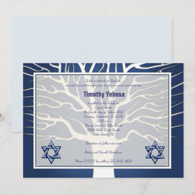 Bar Mitzvah Invitation Navy Tree of Live (Front/Back)