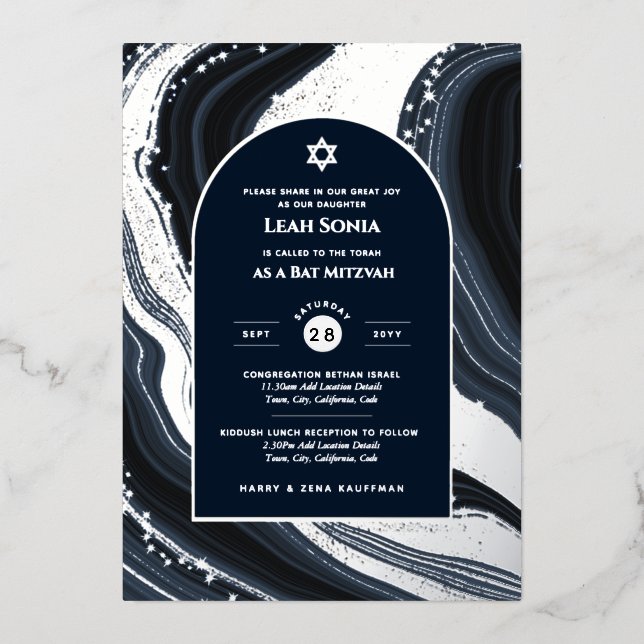 Bar Mitzvah Invitation Real Foil Agate Gold Blue (Front)