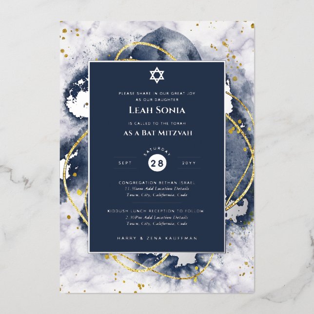 Bar Mitzvah Invitation Real Foil Agate Gold Blue (Front)