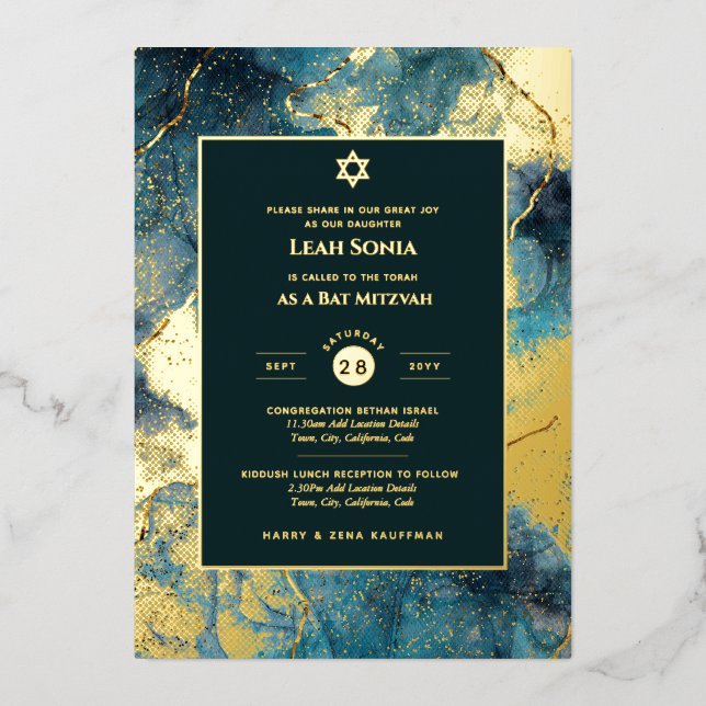 Bar Mitzvah Invitation Real Foil Agate Gold Blue (Front)
