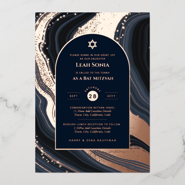 Bar Mitzvah Invitation Real Foil Agate Gold Blue (Front)