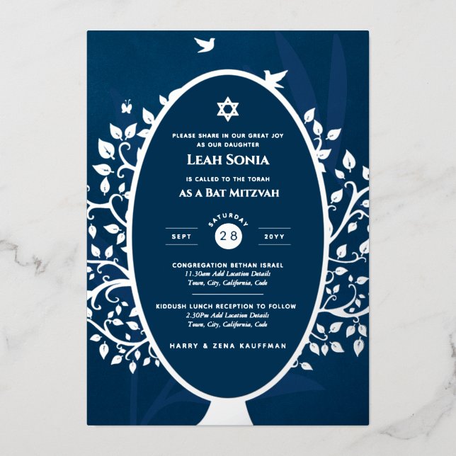 Bar Mitzvah Invitation REAL FOIL Tree of Life Gold (Front)