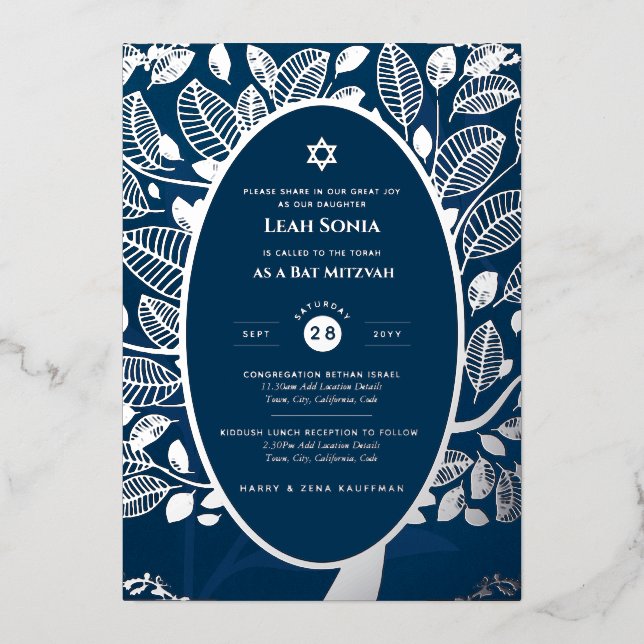 Bar Mitzvah Invitation REAL FOIL Tree of Life Gold (Front)