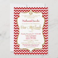 Bar Mitzvah Invitation Red Gold Elegant Chevron