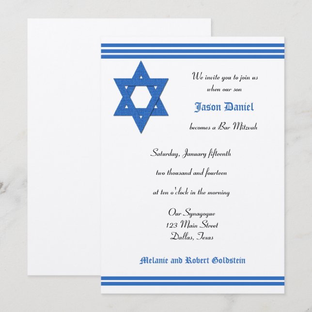Bar Mitzvah Invitation - Silver Metallic Invite (Front/Back)