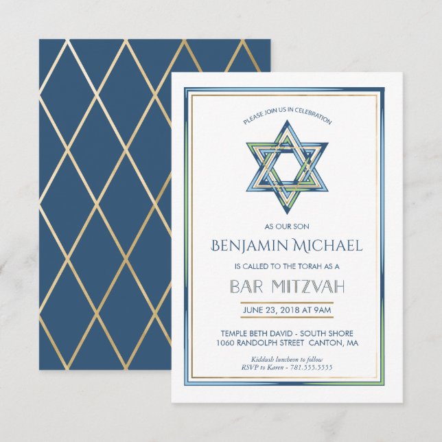 Bar Mitzvah Invitation - Star of David w/ Gold (Front/Back)