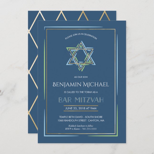 Bar Mitzvah Invitation - Star of David w/ Gold (Front/Back)