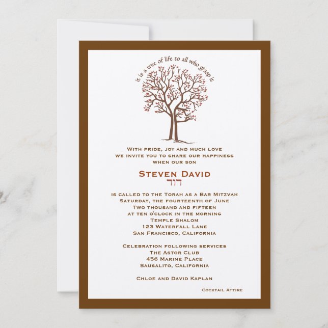 Bar Mitzvah Invitation Steven Tree of Life Brown (Front)