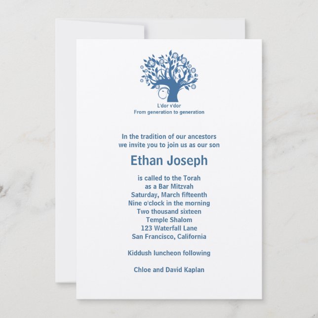 Bar Mitzvah Invitation Tree of Life Blue (Front)