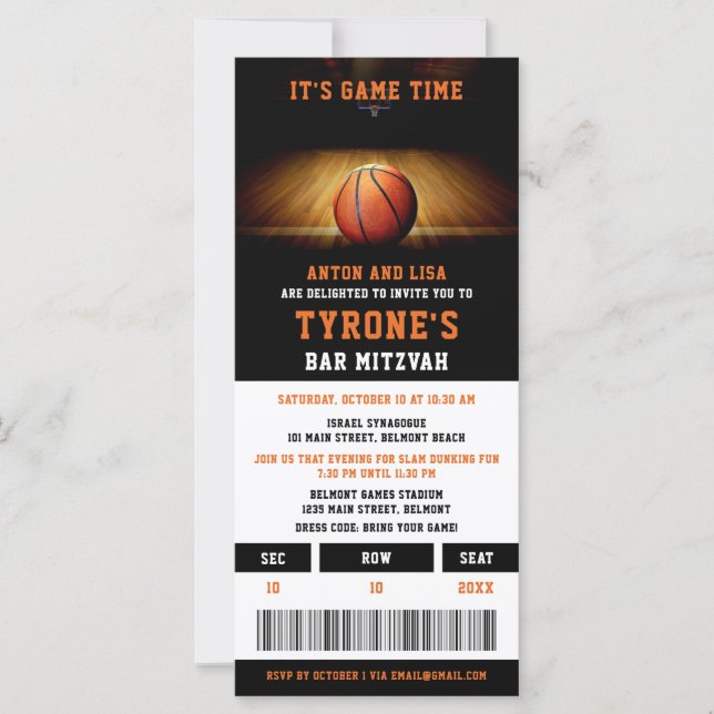 Bar Mitzvah Invitations | Basketball Ticket (Front)