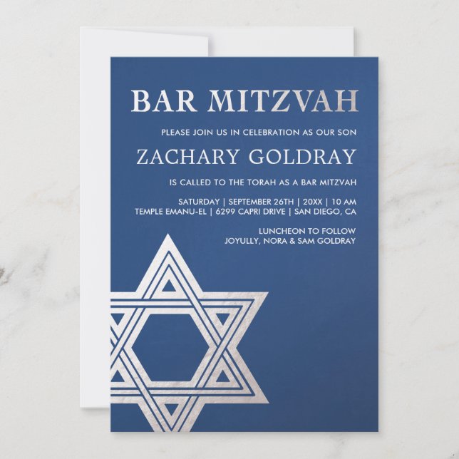Bar Mitzvah Invitations | Faux Silver Foil Star (Front)