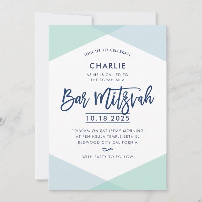 BAR MITZVAH INVITE hand lettered navy blue mint (Front)