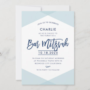 BAR MITZVAH INVITE hand lettered navy pale blue