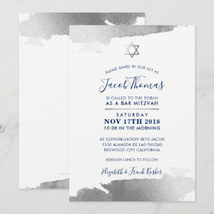 BAR MITZVAH INVITE modern gilded silver navy blue