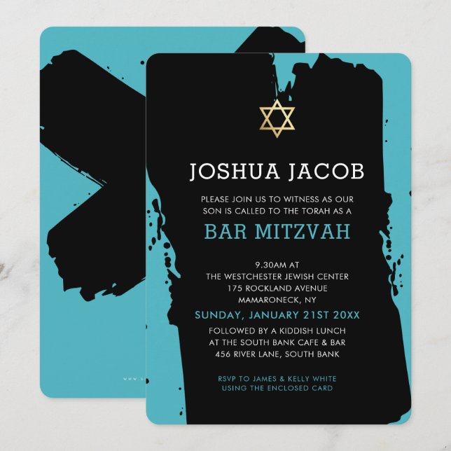 BAR MITZVAH INVITE modern grunge turquoise blue (Front/Back)