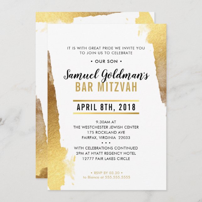 BAR MITZVAH INVITE modern luxe gilded gold border (Front/Back)