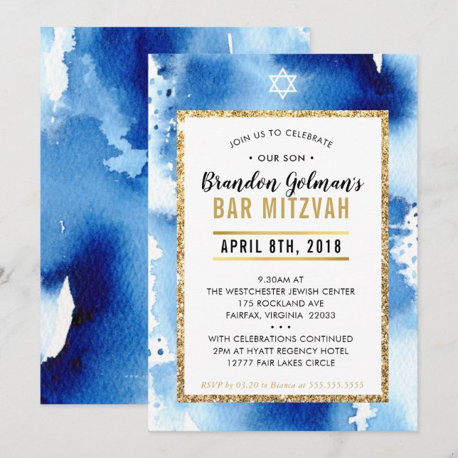 BAR MITZVAH INVITE modern watercolor cool blue (Front/Back)