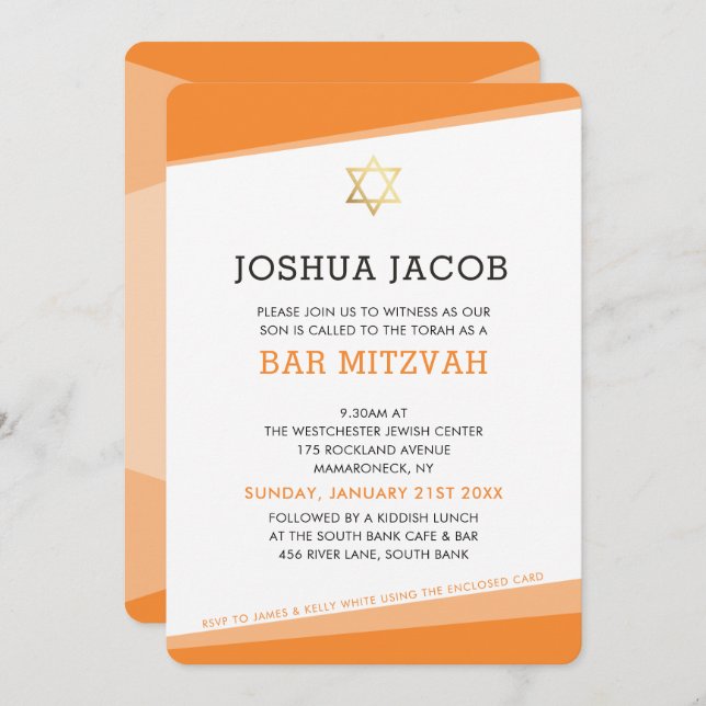 BAR MITZVAH INVITE simple modern bold orange (Front/Back)