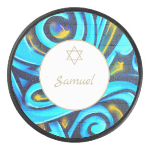 Bar Mitzvah Jewish Modern Blue Pattern  Hockey Puck