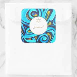 Bar Mitzvah Jewish Modern Blue Pattern  Square Sticker