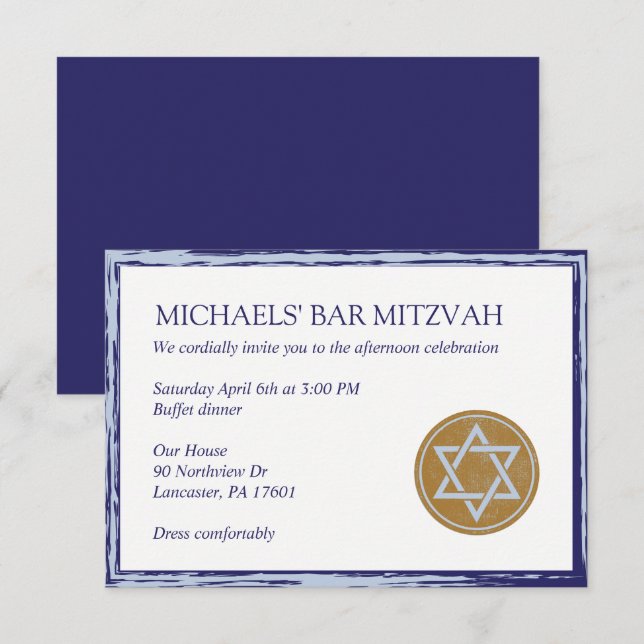 Bar Mitzvah kiddish card blue and gold star (Front/Back)