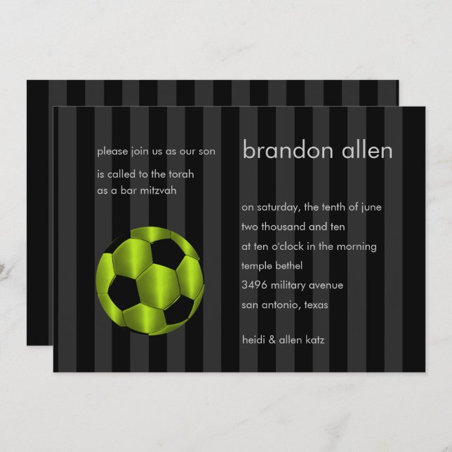 Bar Mitzvah Lime Green and Black Soccer Ball Invitation (Front/Back)