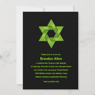 Bar Mitzvah Lime Green on Black, Star of David Invitation