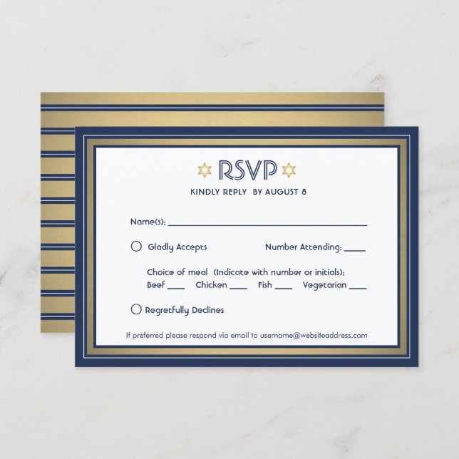 Bar Mitzvah Meal Options Navy Blue White and Gold RSVP Card (Front/Back)