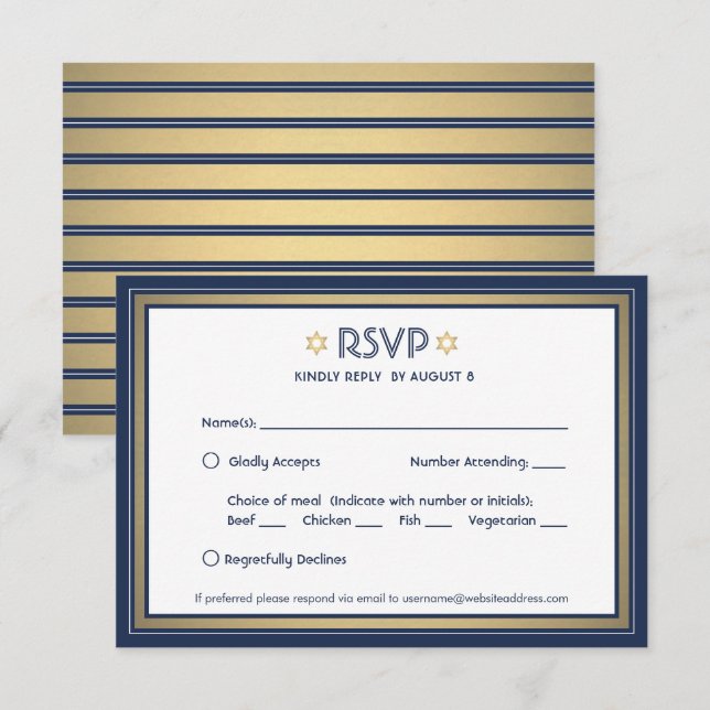 Bar Mitzvah Meal Options Navy Blue White and Gold RSVP Card (Front/Back)