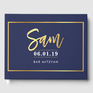 BAR MITZVAH MEMORIES modern navy + gold name SAM Guest Book
