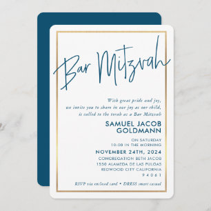 BAR MITZVAH minimal modern dark blue gold frame Invitation
