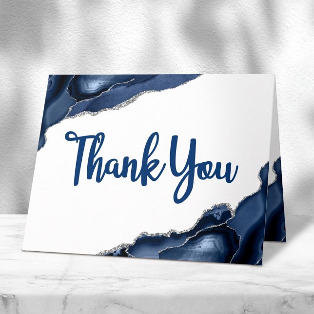 Bar Mitzvah Minimal Navy Blue Agate Script Blank Thank You Card (Creator Uploaded)