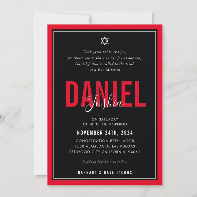 BAR MITZVAH modern athletic bold red black QRCODE Invitation (Front)