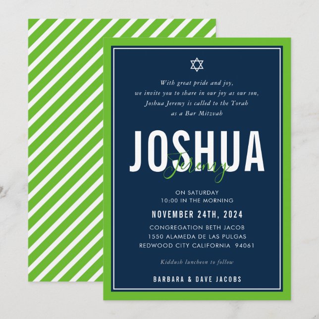 BAR MITZVAH modern athletic boy nfl green navy Inv Invitation (Front/Back)