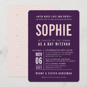 BAR MITZVAH modern block type aubergine blush pink Invitation