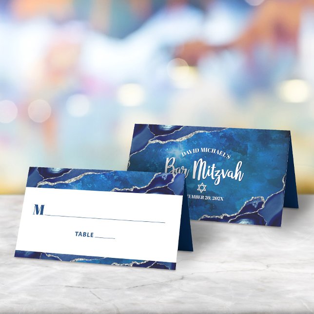 Bar Mitzvah Modern Blue Agate Galaxy Watercolor Place Card (Creator Uploaded)