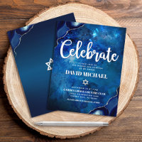 Bar Mitzvah Modern Blue Agate Watercolor Script 